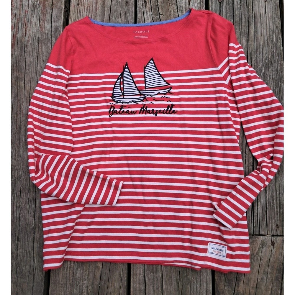 Talbots Sz L Bateau Marseille Striped Red Embroidered Nautical Preppy C4